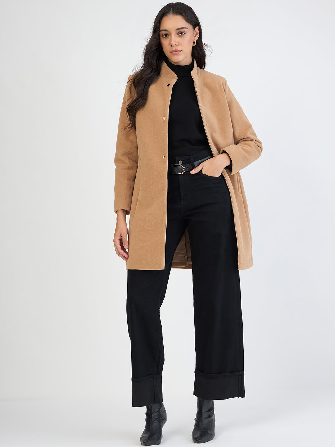 Fawn Beige Zip-Up Long Coat