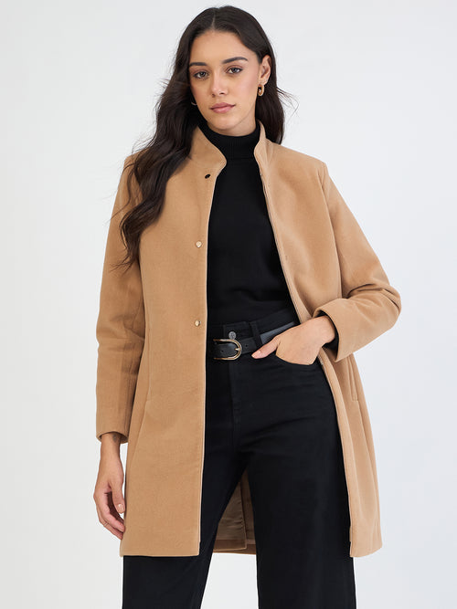 Fawn Beige Zip-Up Long Coat