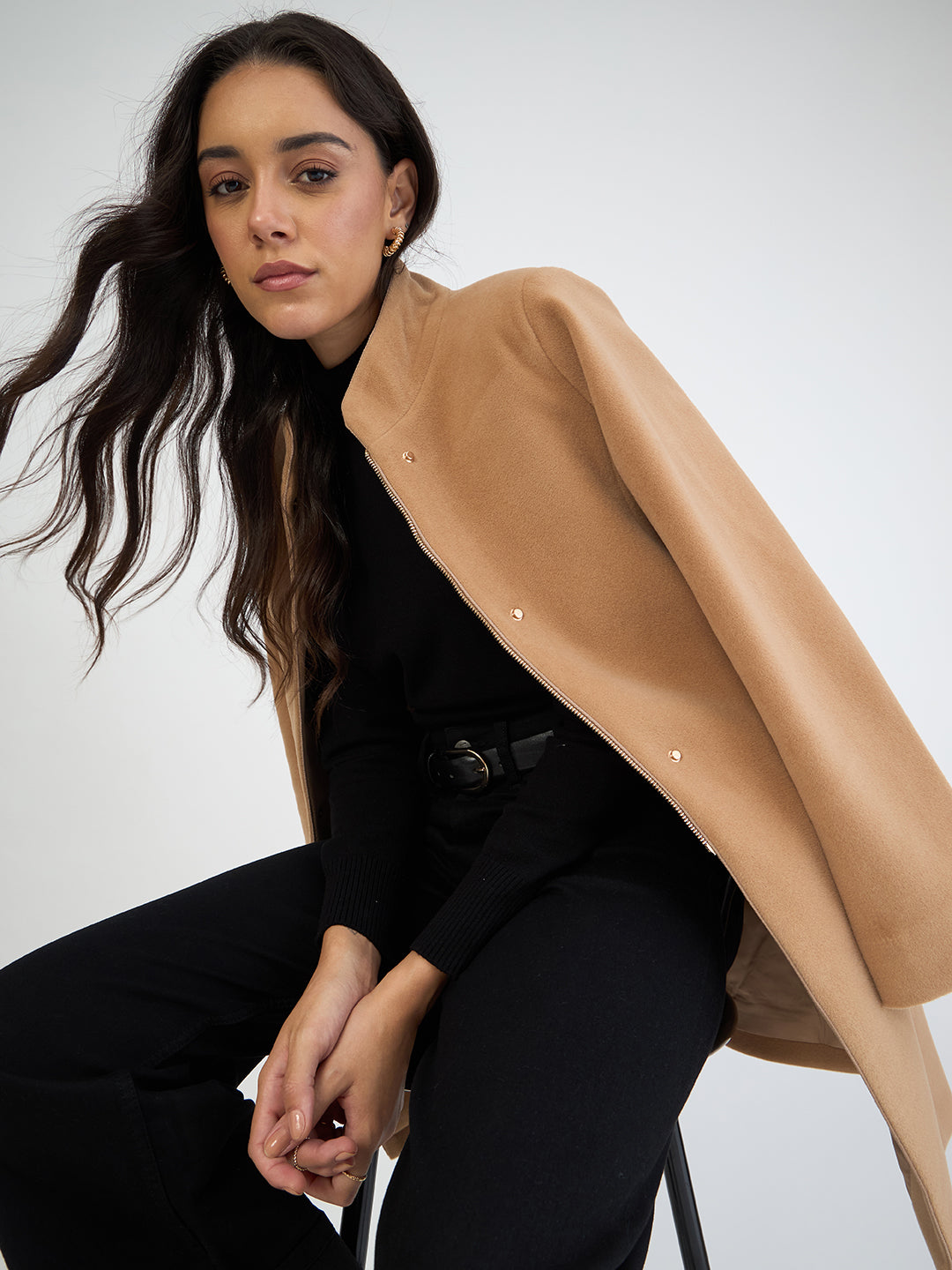 Fawn Beige Zip-Up Long Coat