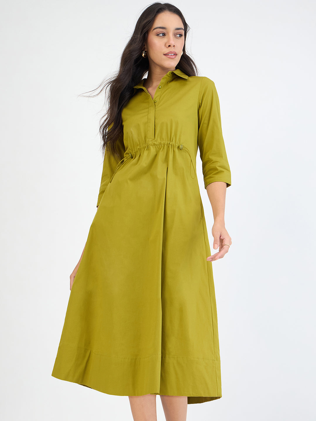 Citrine Green Poplin Cinched Waist Midi Dress
