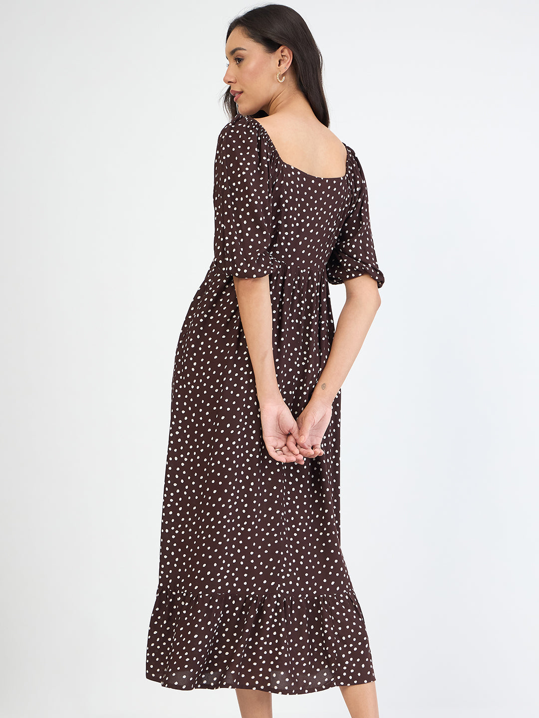 Brown Polka Sweetheart Neckline Maxi Dress
