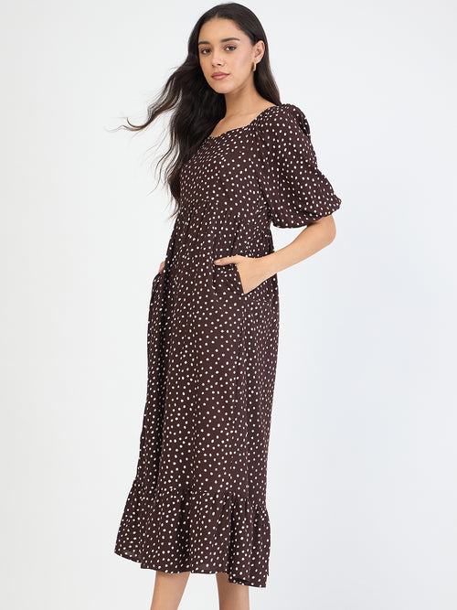 Brown Polka Sweetheart Neckline Maxi Dress