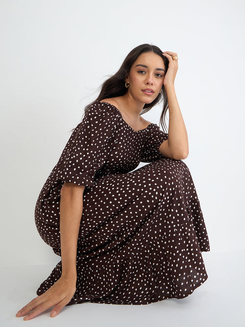 Brown Polka Sweetheart Neckline Maxi Dress