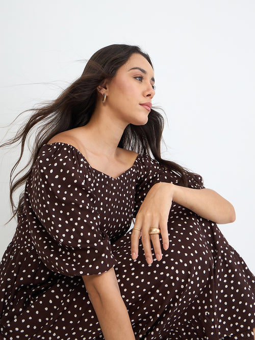Brown Polka Sweetheart Neckline Maxi Dress