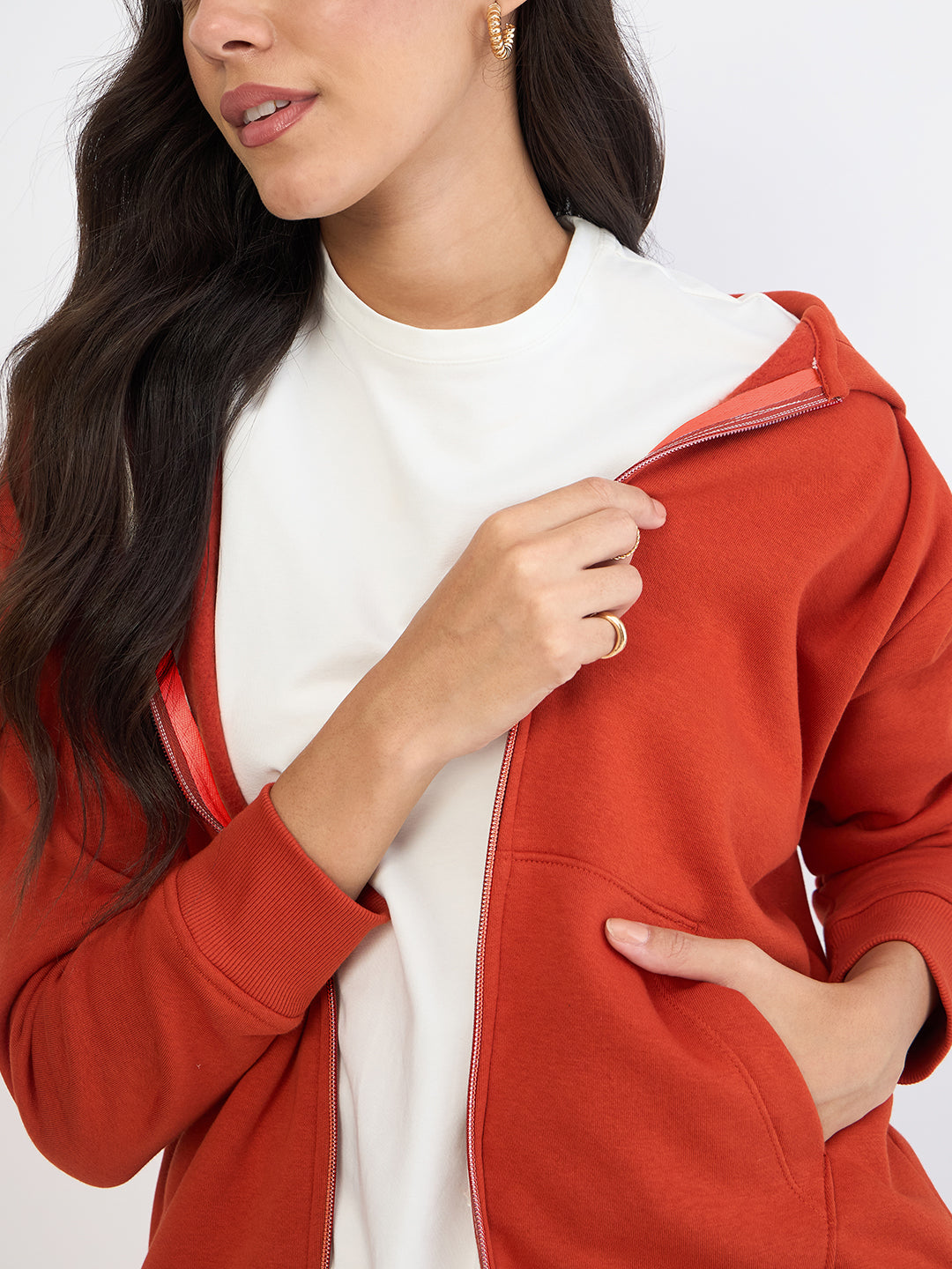 Rust Zip-Up Fleece Hoodie