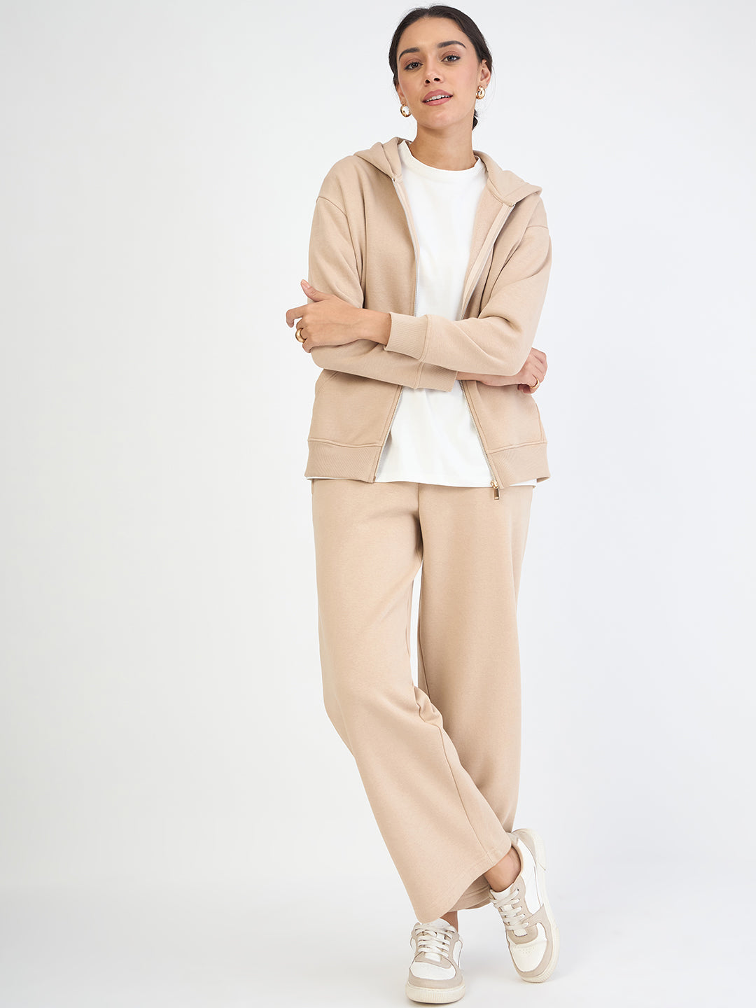 Beige Zip-Up Fleece Hoodie