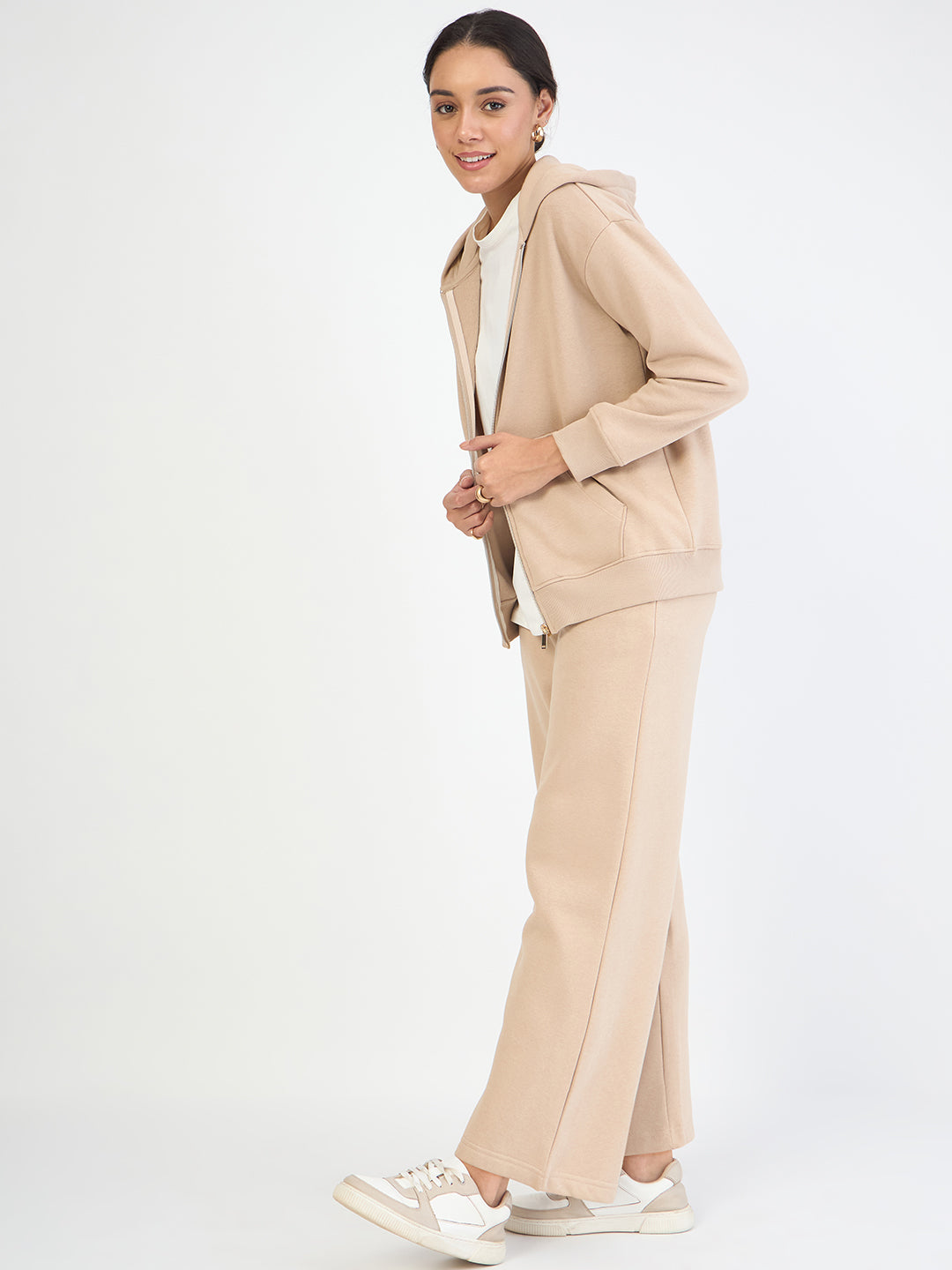 Beige Zip-Up Fleece Hoodie