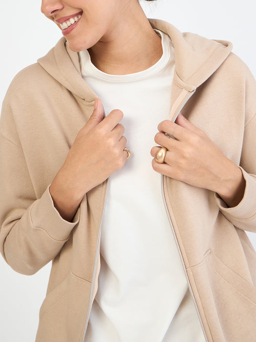 Beige Zip-Up Fleece Hoodie