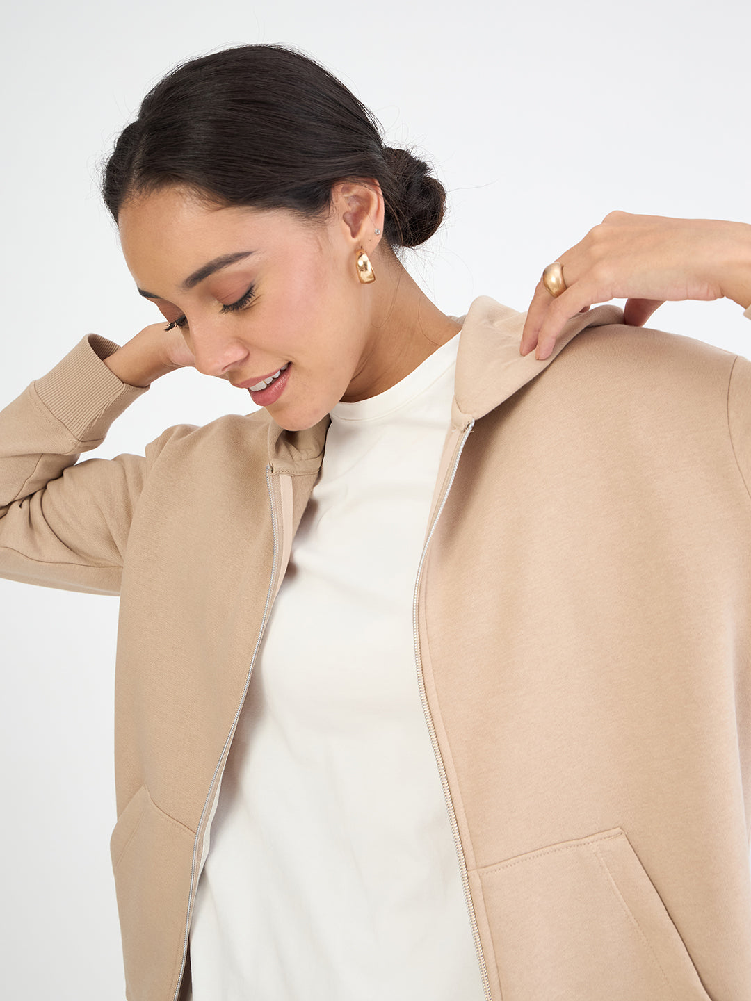 Beige Zip-Up Fleece Hoodie