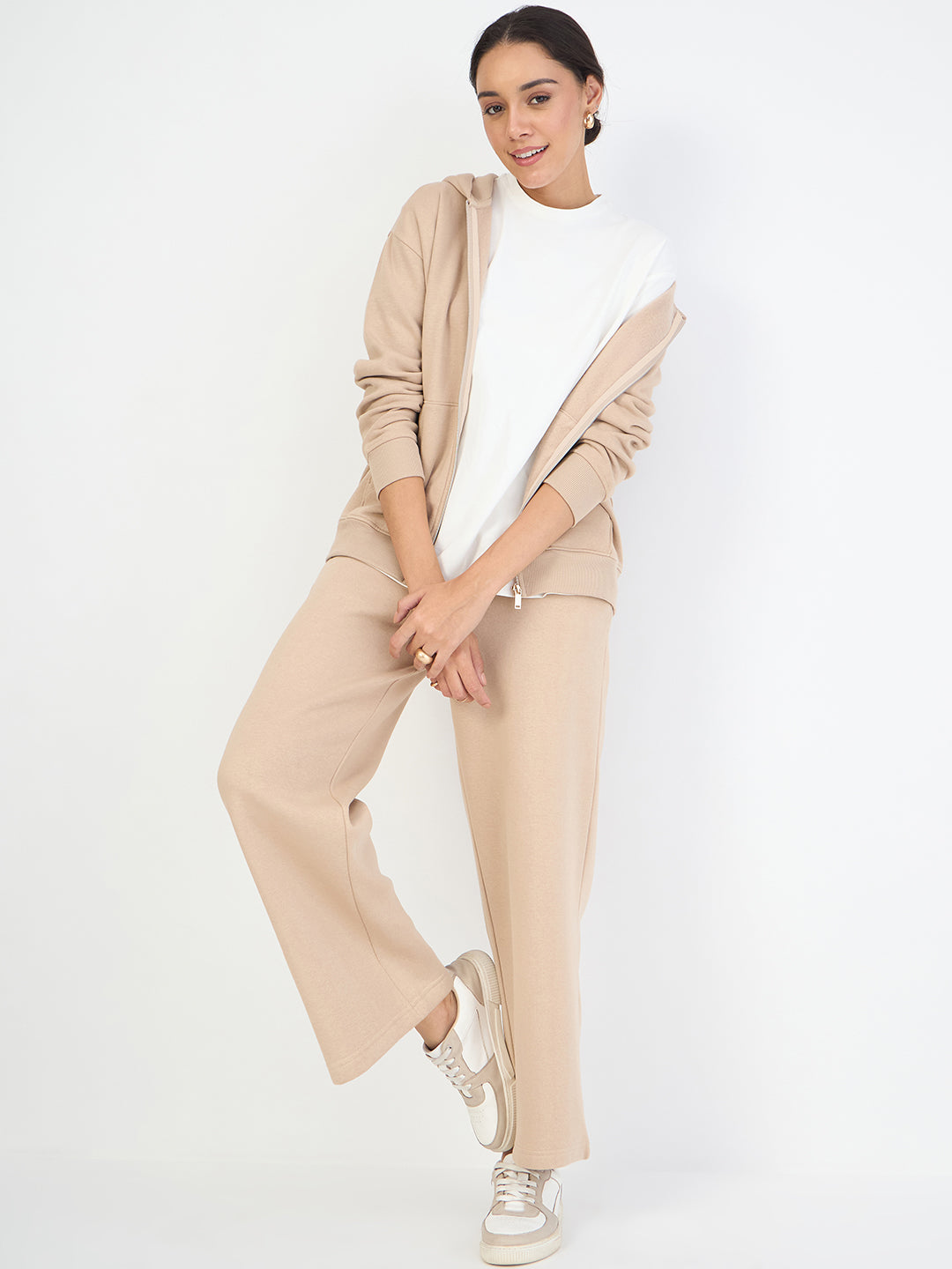 Beige Zip-Up Fleece Hoodie