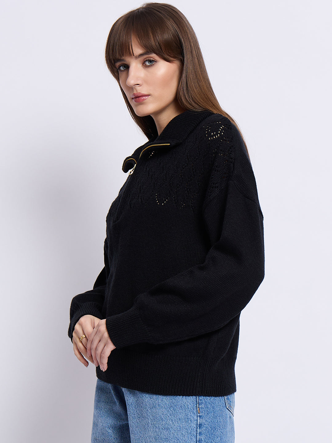 Black High Neck Half Puller Sweater