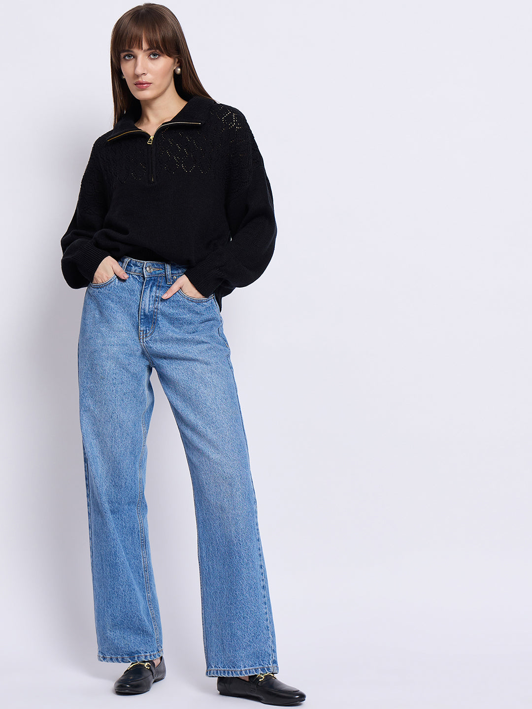 Black High Neck Half Puller Sweater