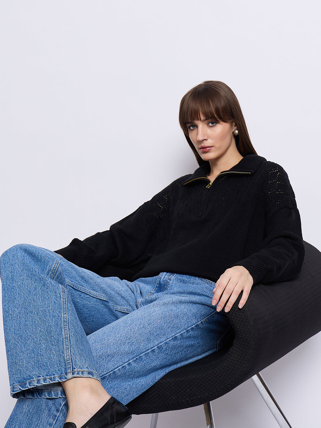 Black High Neck Half Puller Sweater