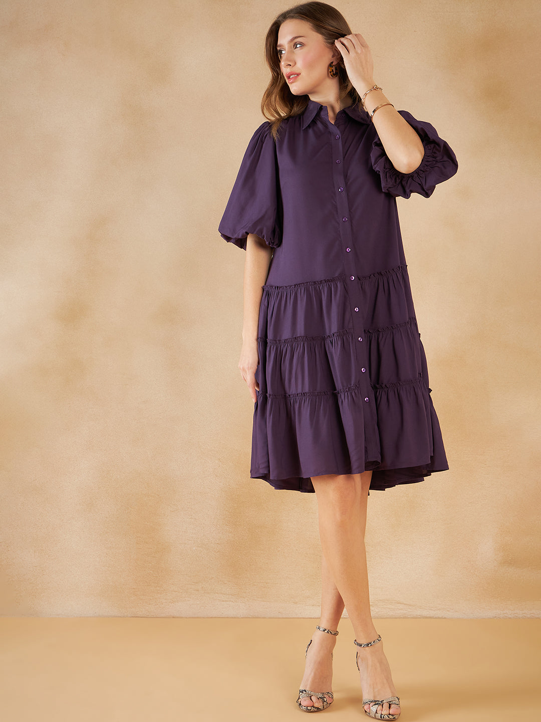 Deep Purple Solid Tiered Knee Length Dress