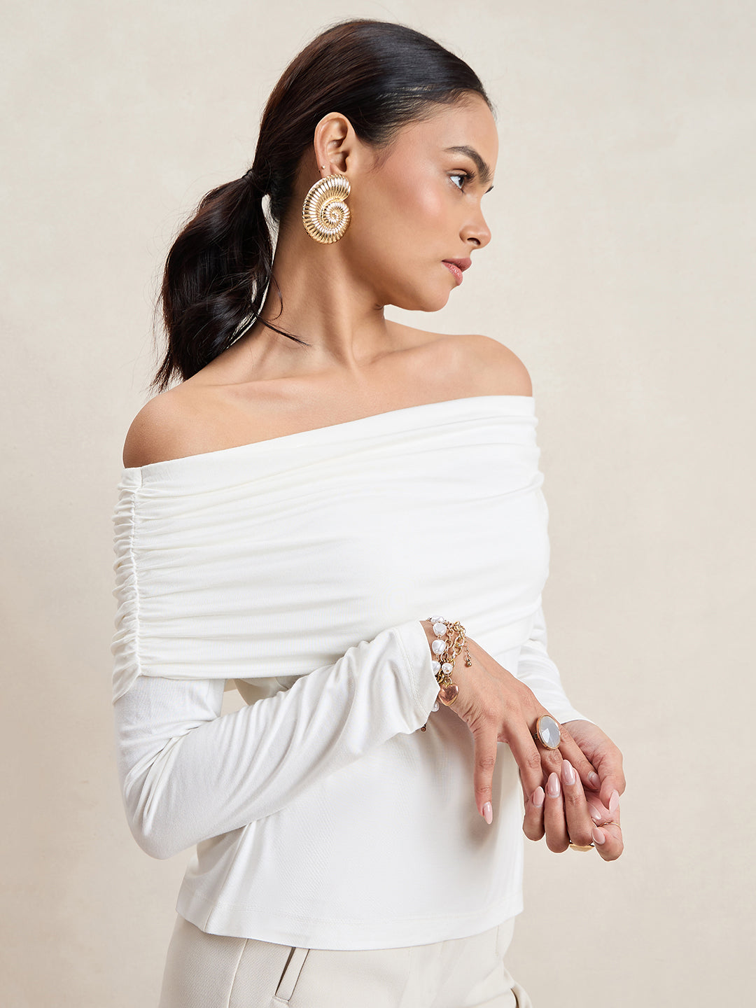 Bamboo White Knit Off Shoulder Top