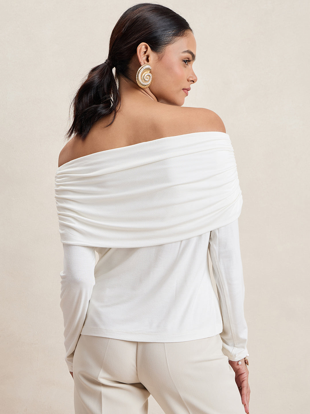Bamboo White Knit Off Shoulder Top