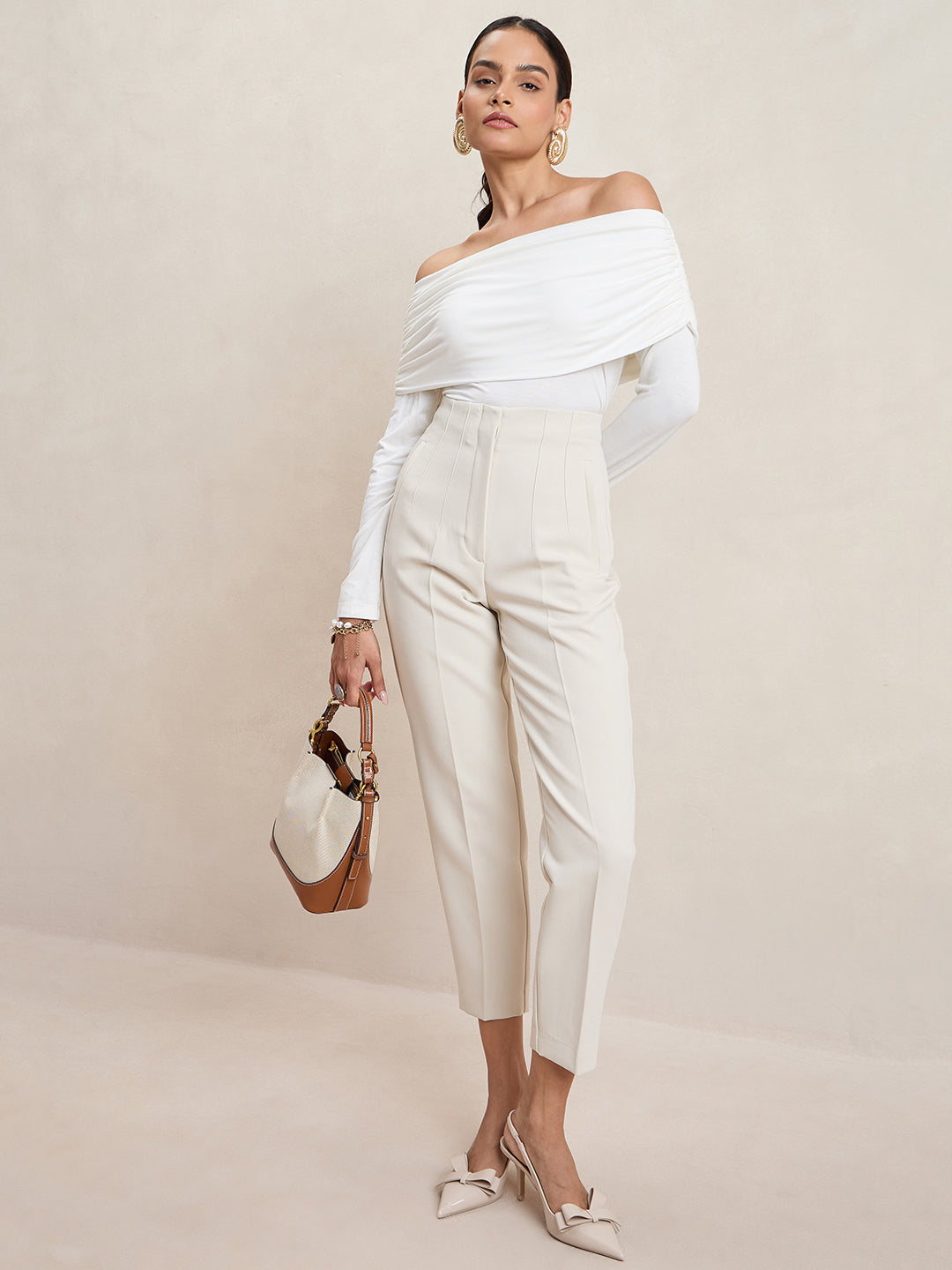 Bamboo White Knit Off Shoulder Top