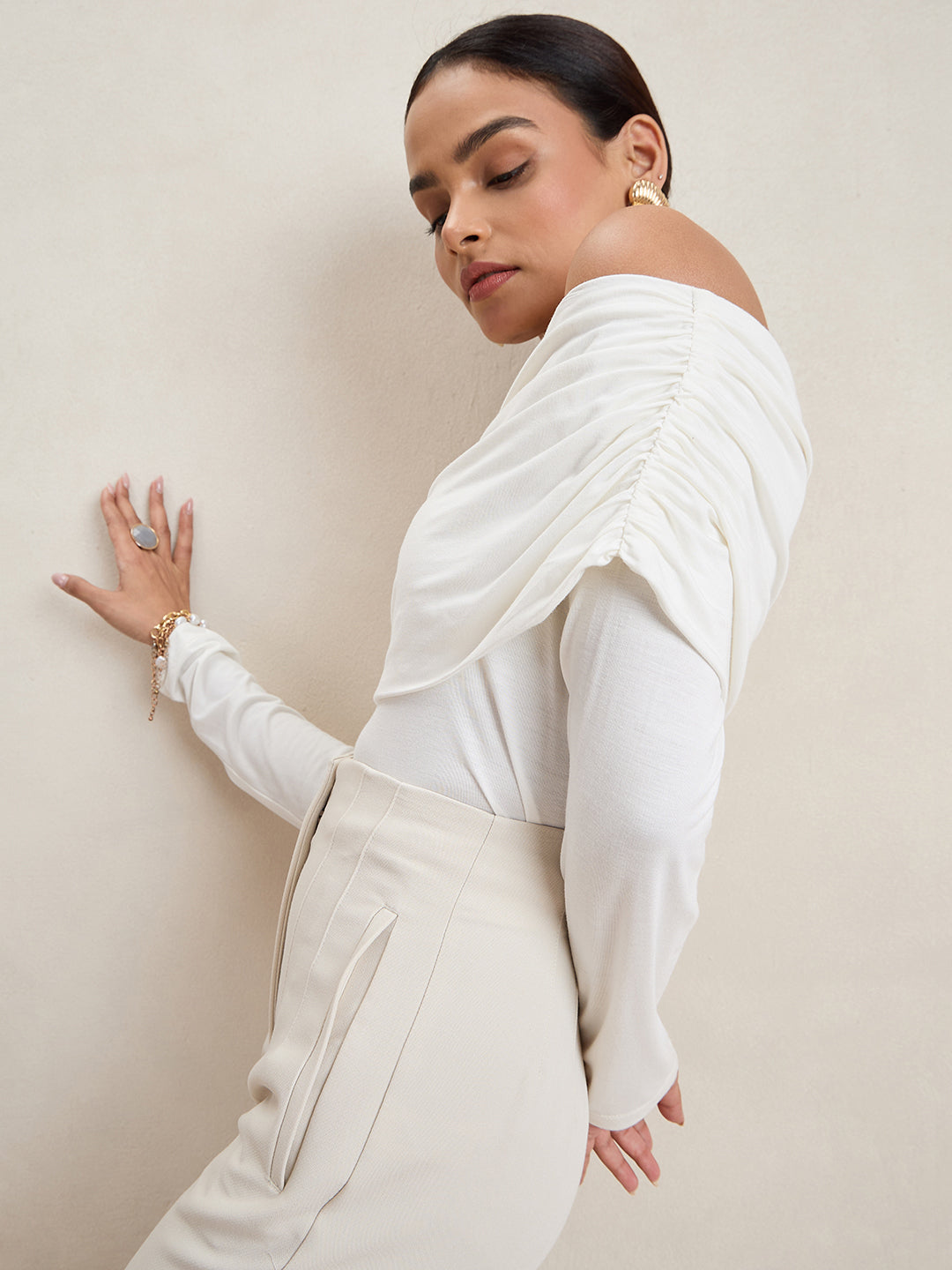 Bamboo White Knit Off Shoulder Top