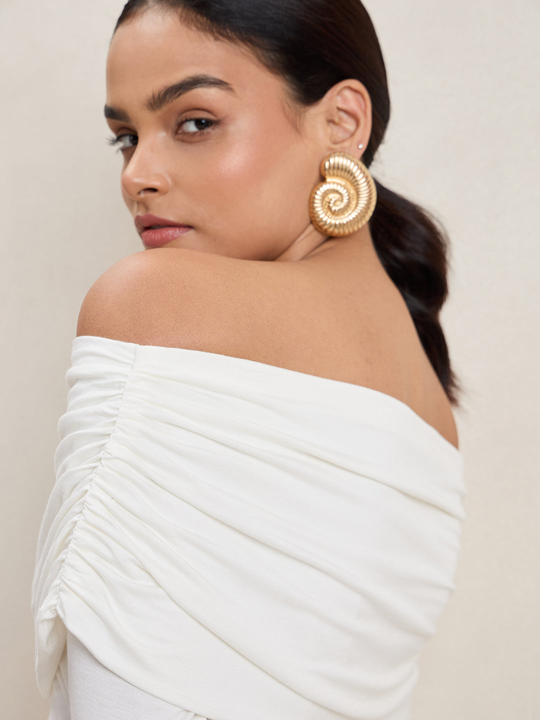 Bamboo White Knit Off Shoulder Top