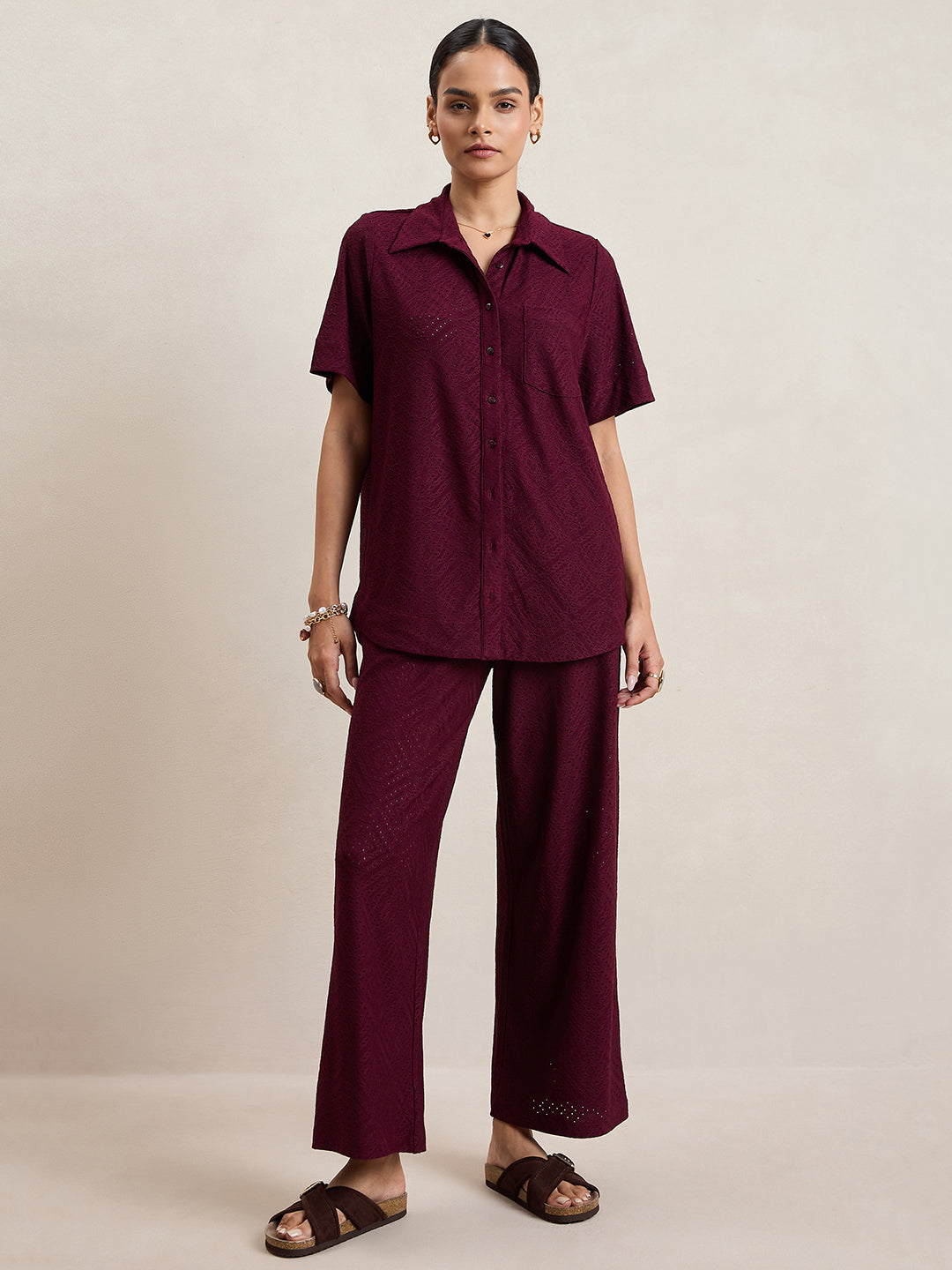 Wine Knitted Schiffli Button Down Shirt