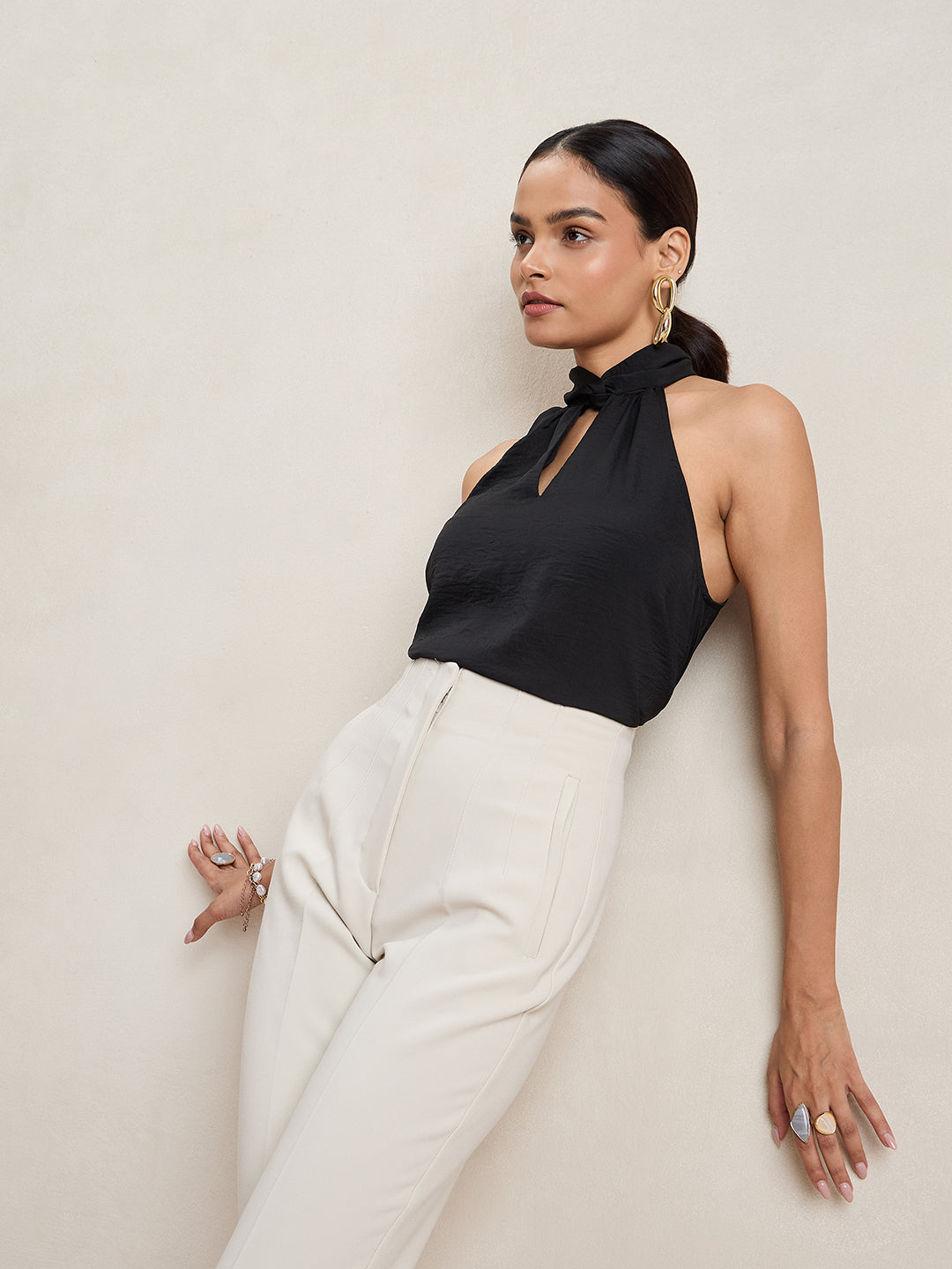 Black Satin Twist Neck Halter Top