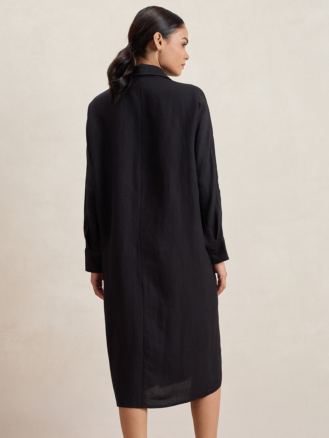 Linen Blend Black Button Down Midi Dress