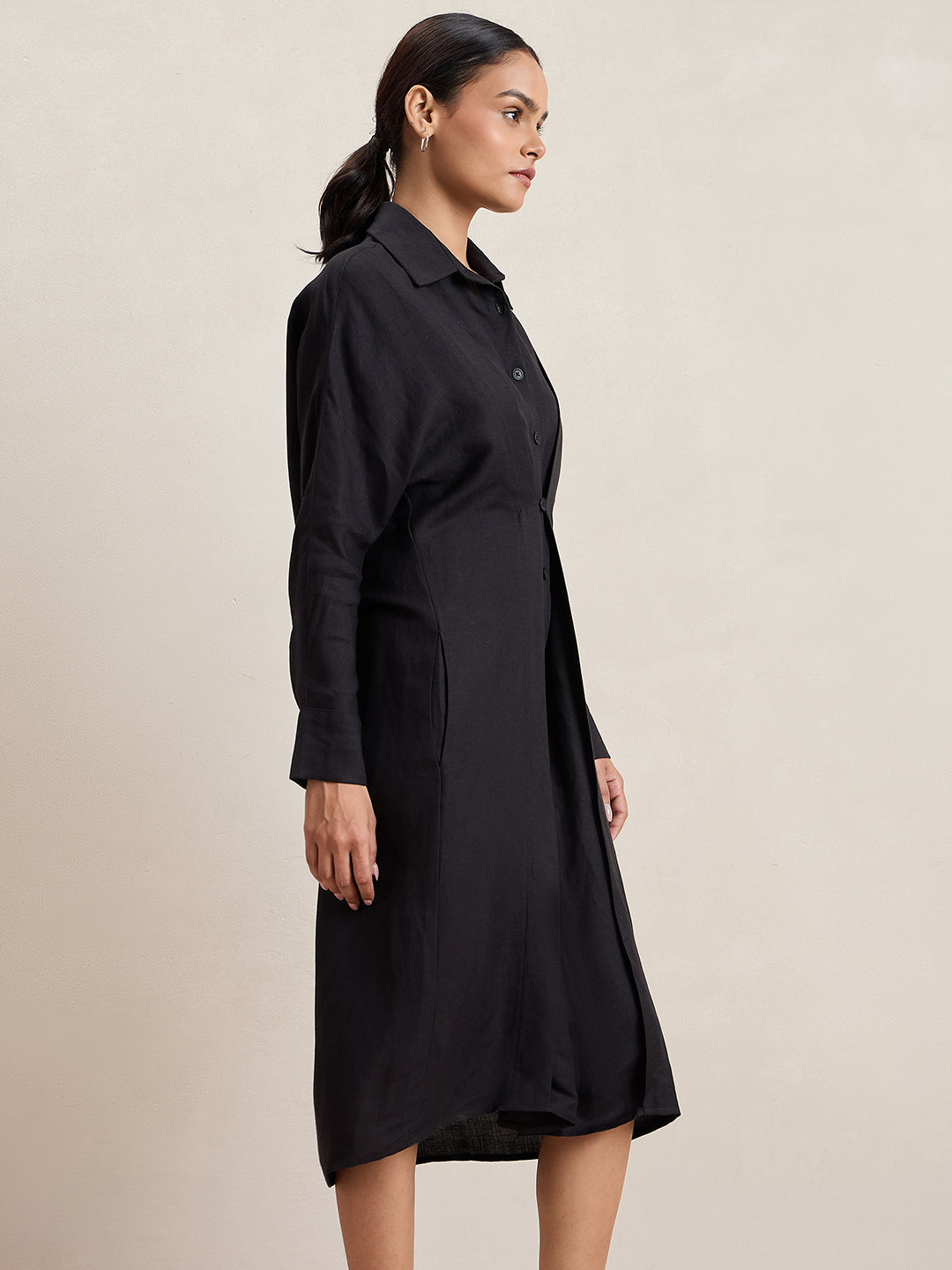 Linen Blend Black Button Down Midi Dress