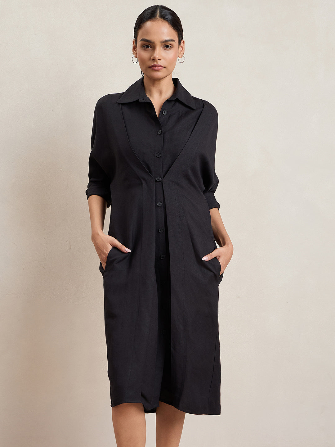 Linen Blend Black Button Down Midi Dress