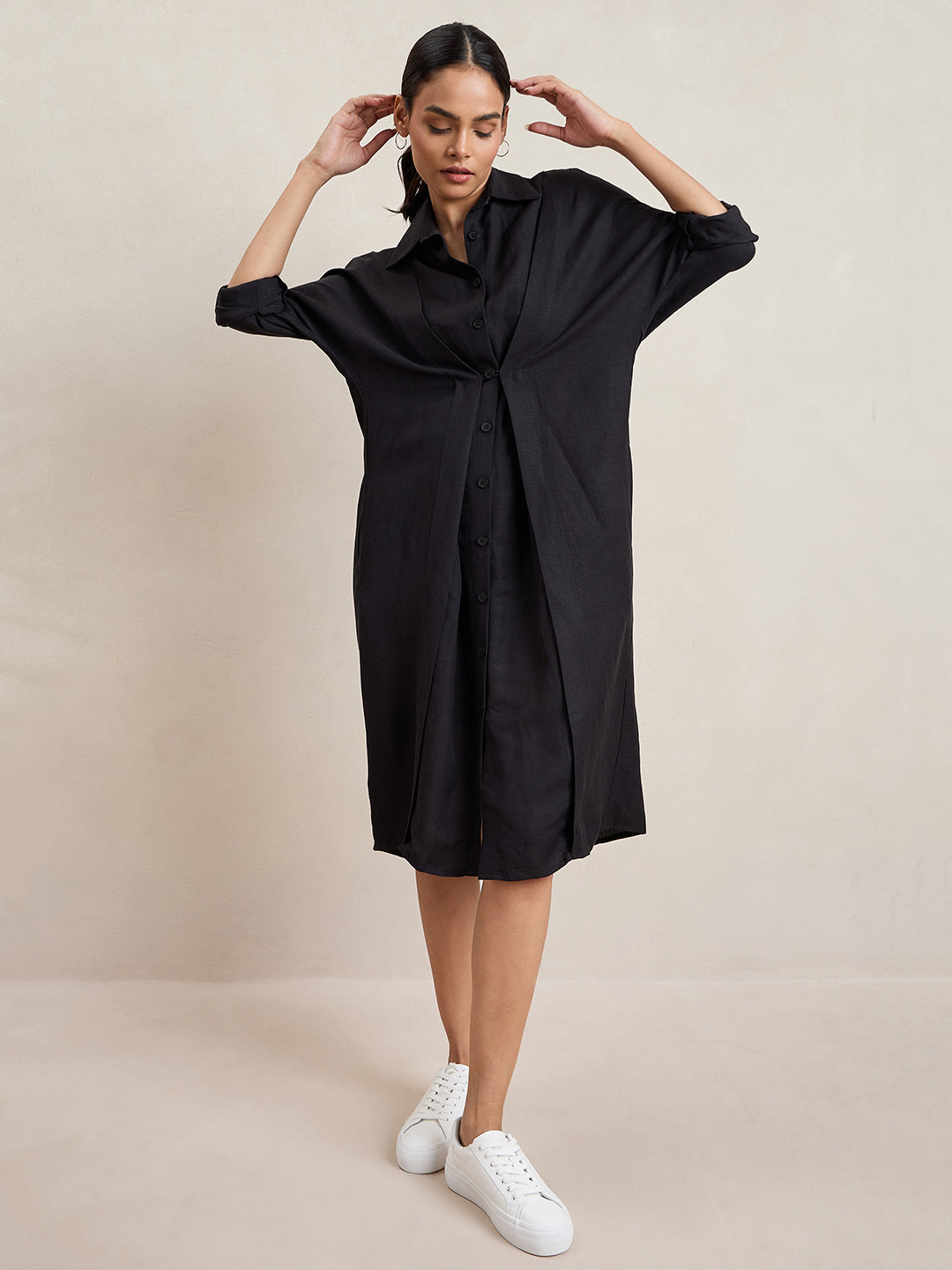 Linen Blend Black Button Down Midi Dress