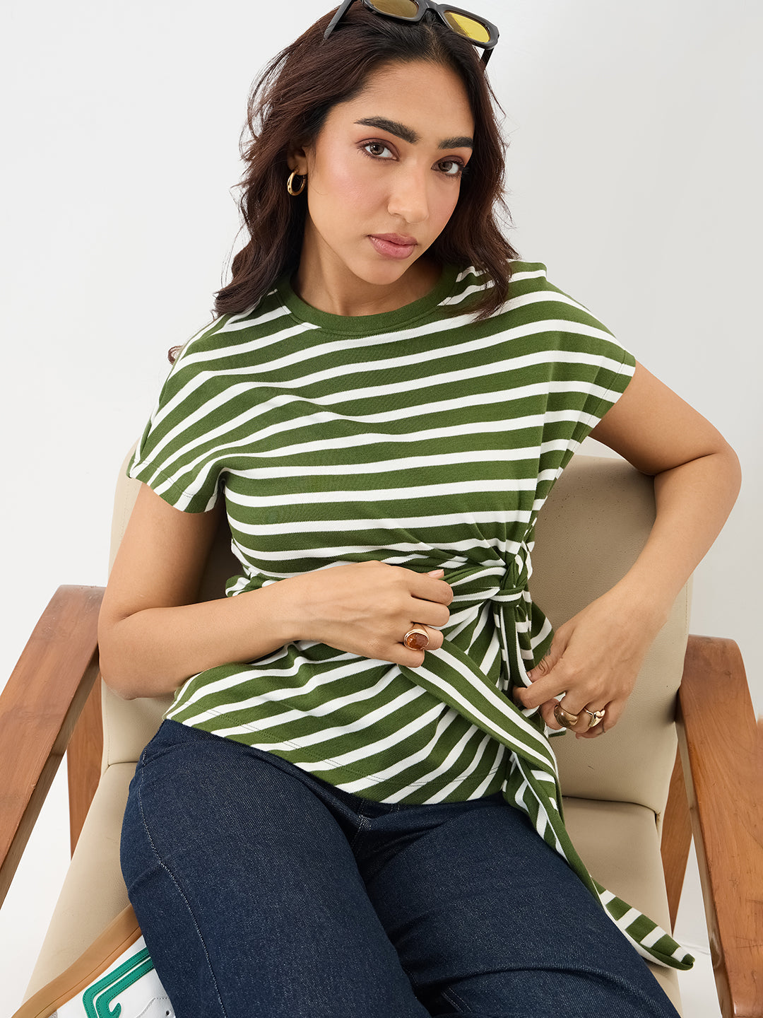 Olive Cotton Stripe Tie-Up T-Shirt