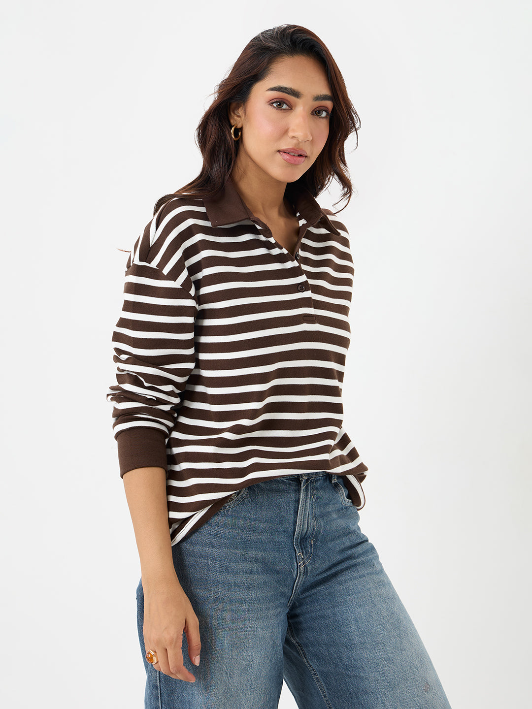 Brown Stripe Collared T-Shirt
