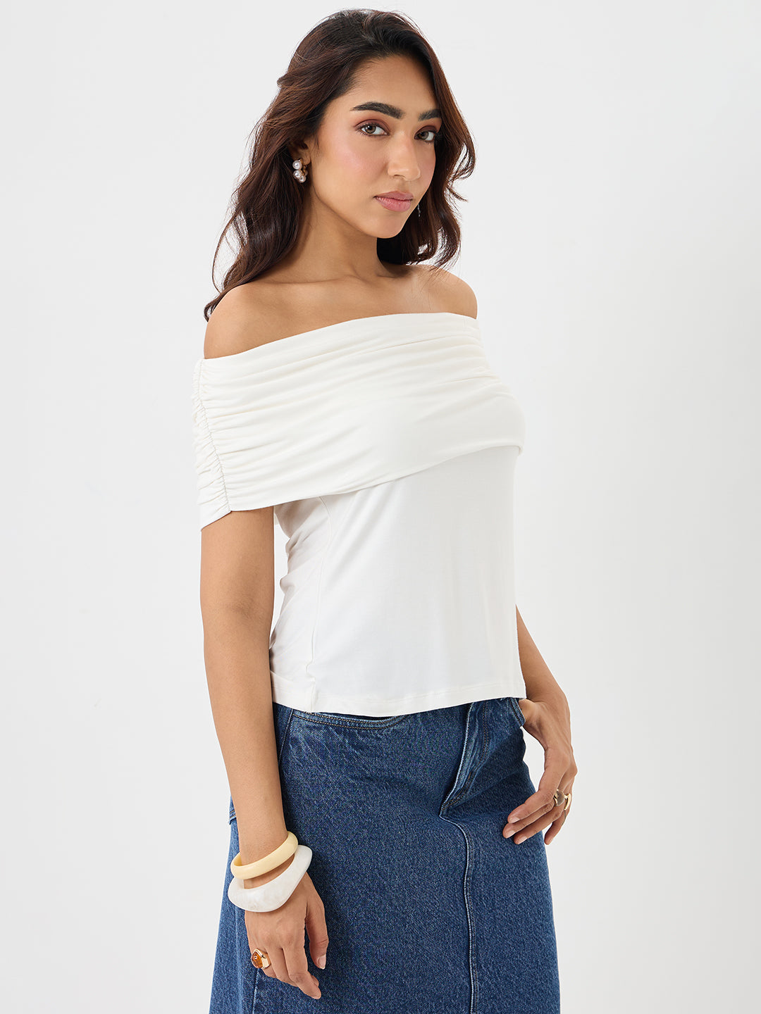 Bamboo White Knit Off Shoulder Top