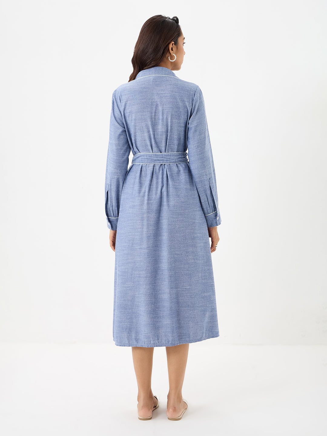 Blue Chambray Colorblock Shirt Midi Dress