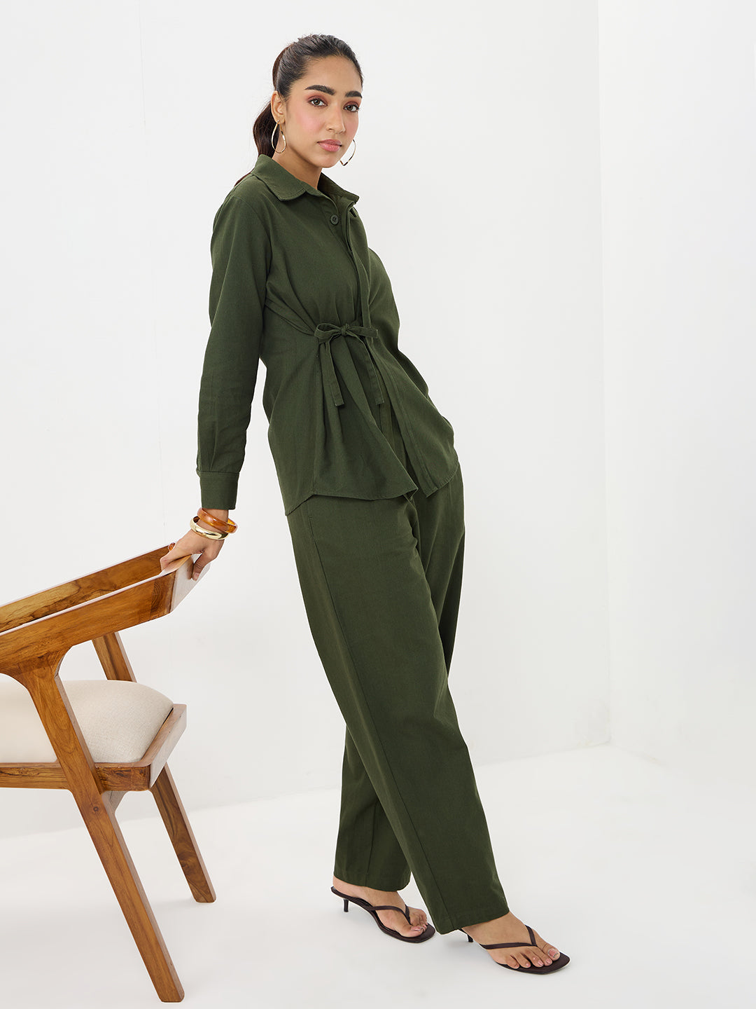 Olive Twill Tie-Up Shirt Co-Ord
