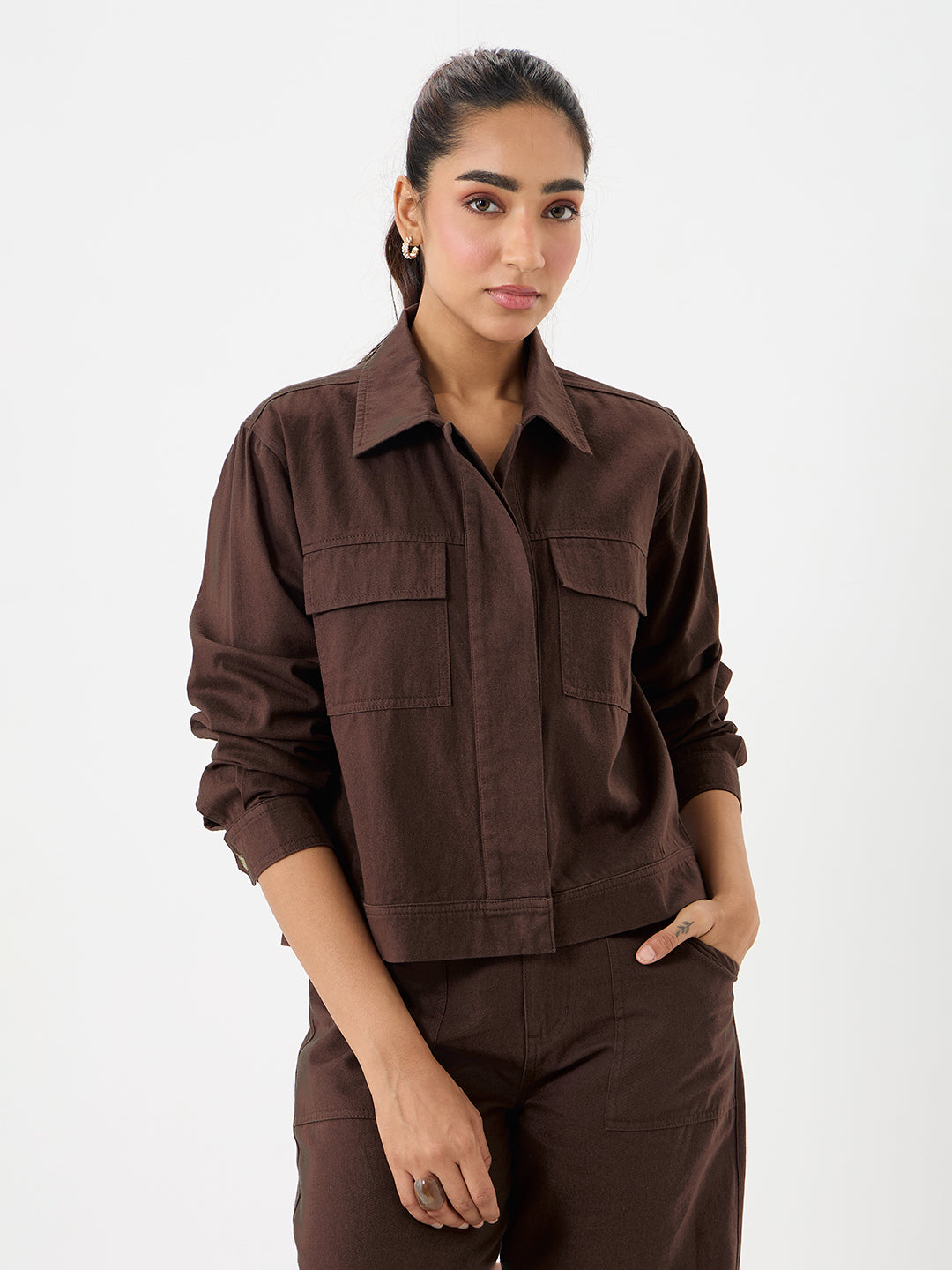 Coffee Brown Twill Crop Jacket