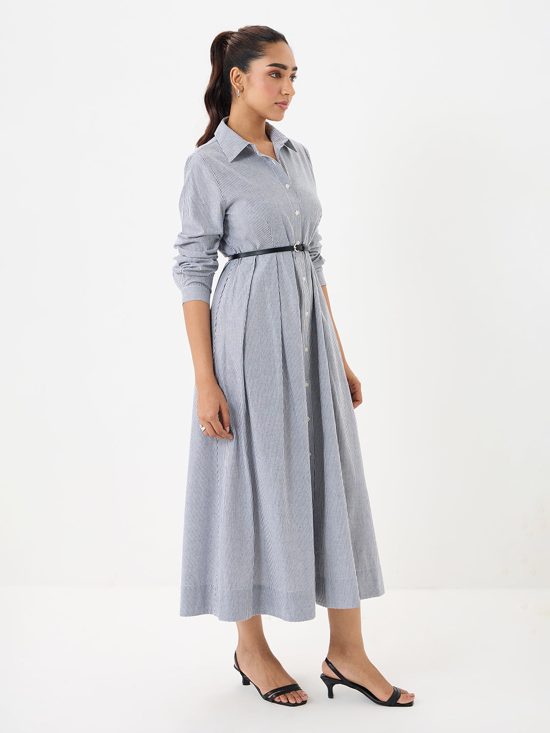 Black Stripe Pleated Ankle Length Dress