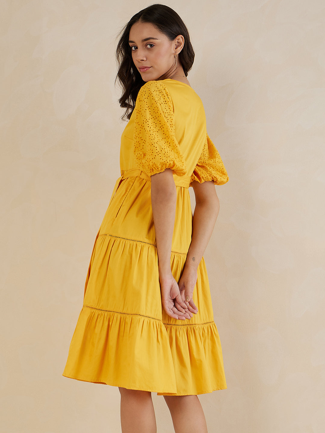 Mustard Cotton Belted Tiered Midi Dress