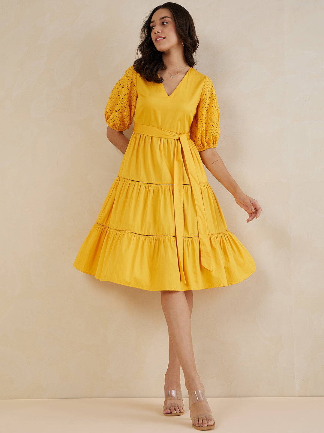 Mustard Cotton Belted Tiered Midi Dress