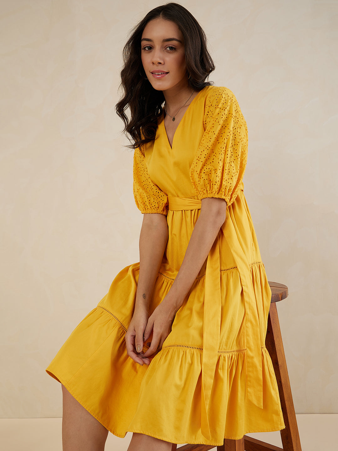 Mustard Cotton Belted Tiered Midi Dress