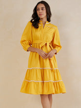 Mustard Cotton Lace Tiered Midi Dress