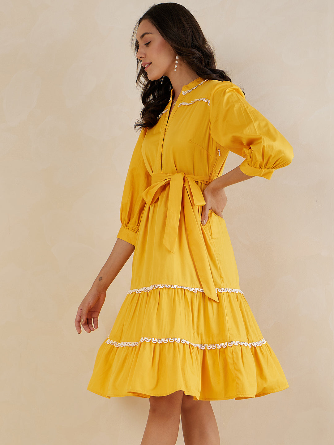 Mustard Cotton Lace Tiered Midi Dress