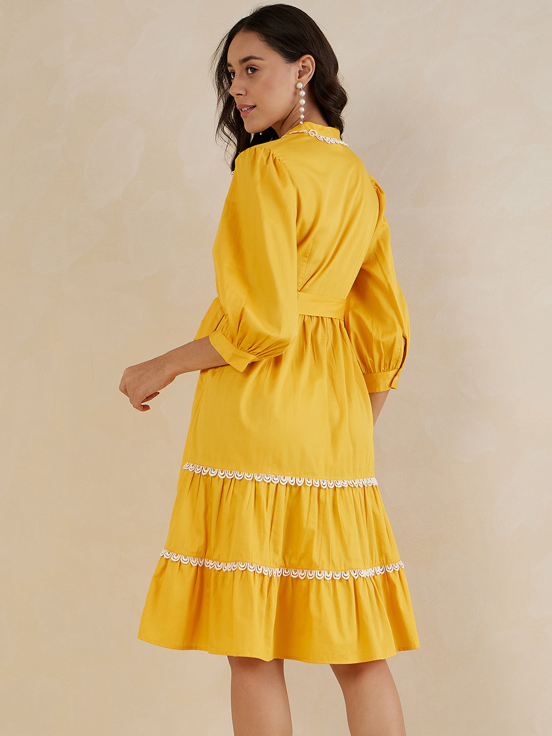 Mustard Cotton Lace Tiered Midi Dress