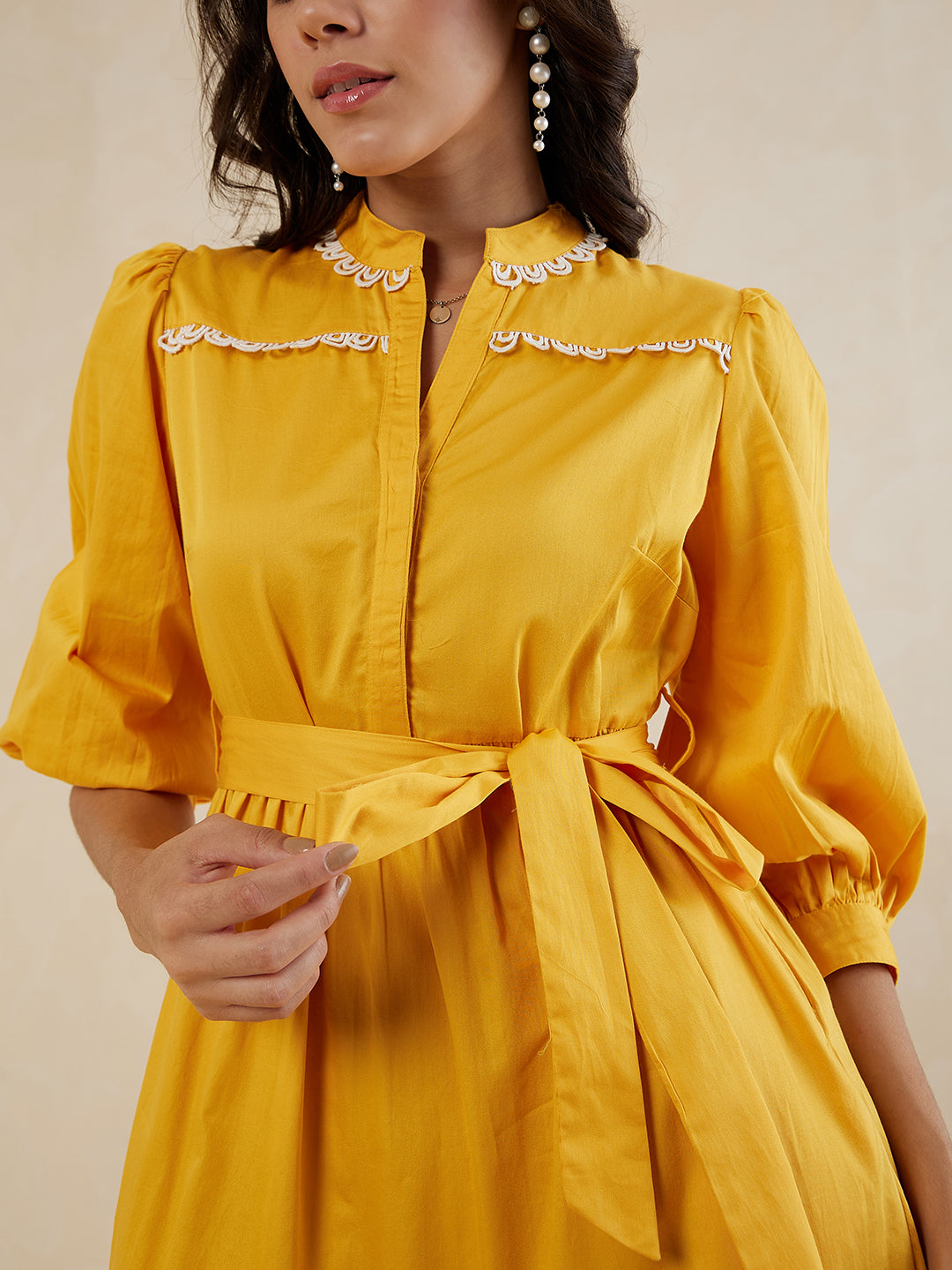 Mustard Cotton Lace Tiered Midi Dress