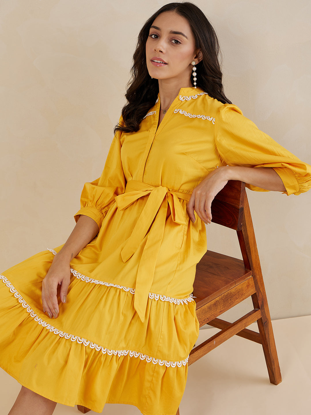 Mustard Cotton Lace Tiered Midi Dress