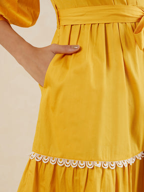 Mustard Cotton Lace Tiered Midi Dress