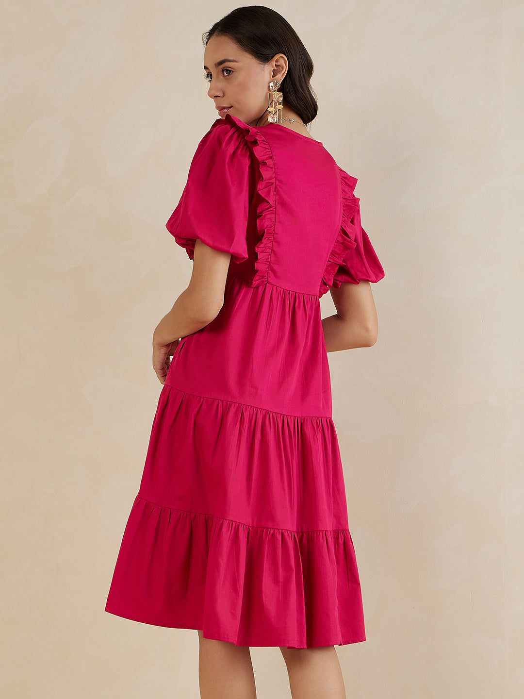 Pink Cotton Ruffle Tiered Midi Dress