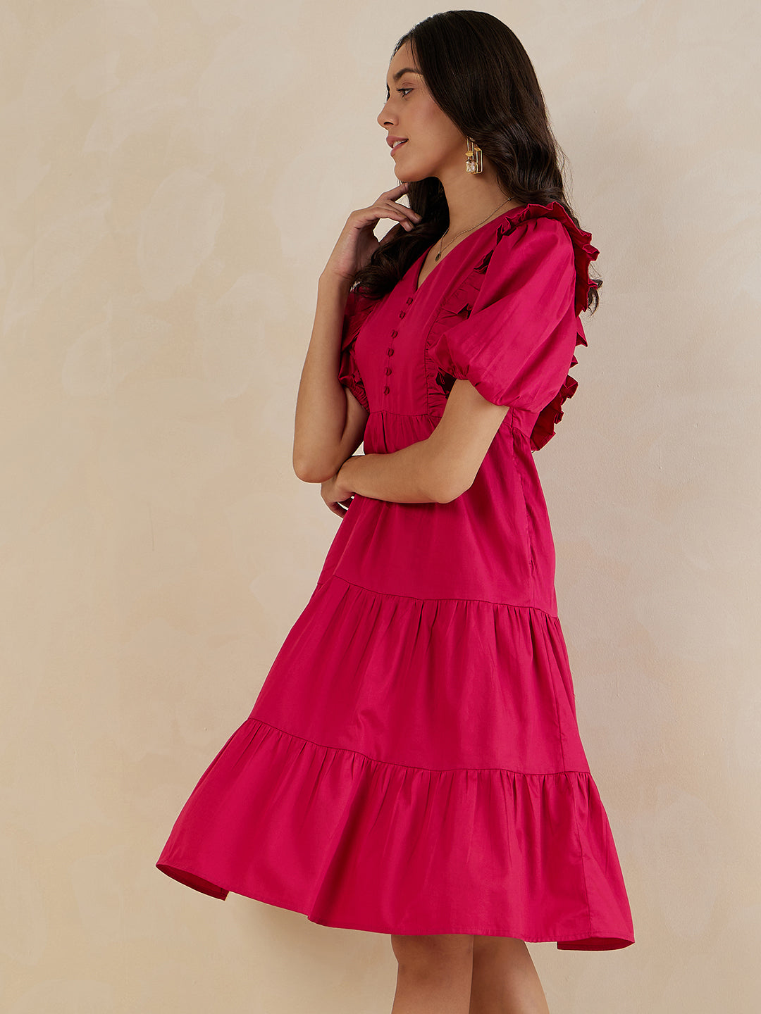 Pink Cotton Ruffle Tiered Midi Dress