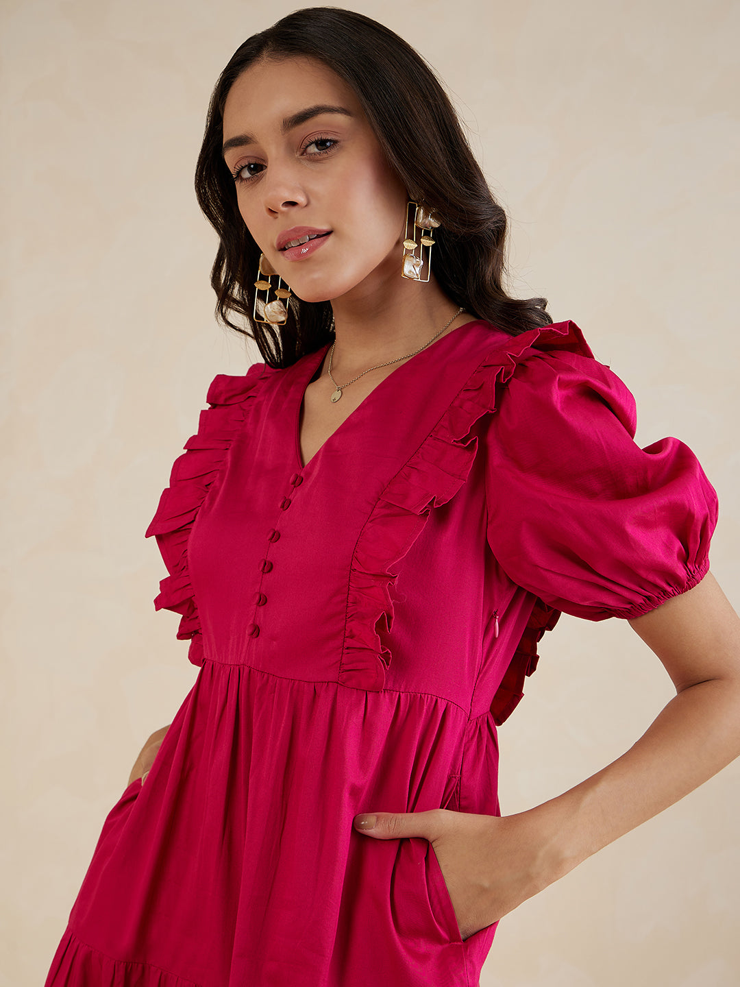Pink Cotton Ruffle Tiered Midi Dress
