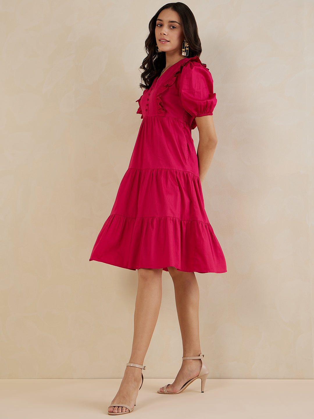 Pink Cotton Ruffle Tiered Midi Dress
