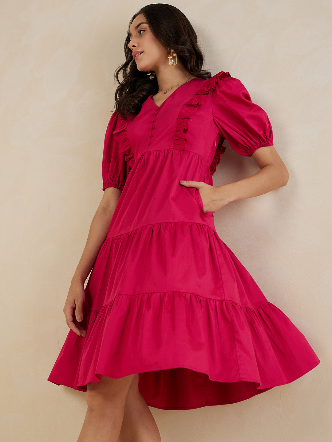 Pink Cotton Ruffle Tiered Midi Dress